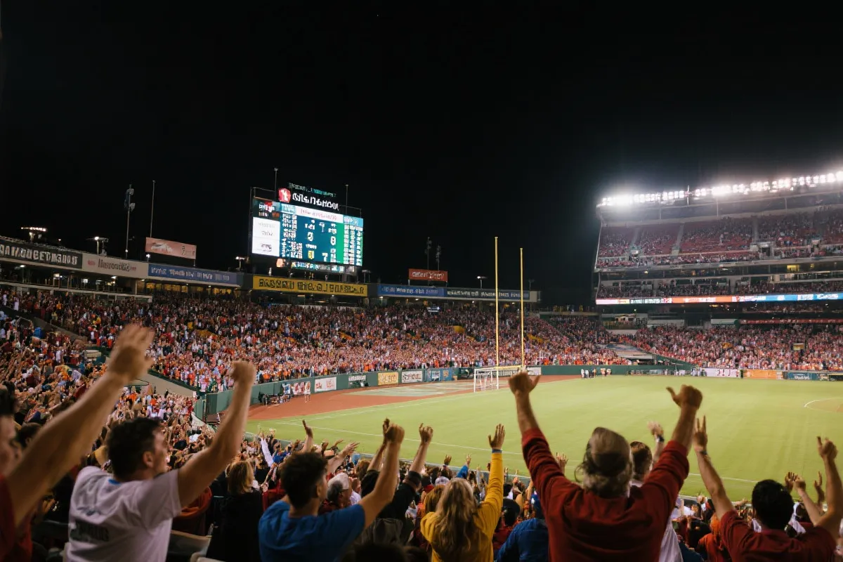 九游体育资讯站首页视觉图：夜晚体育场与记分牌